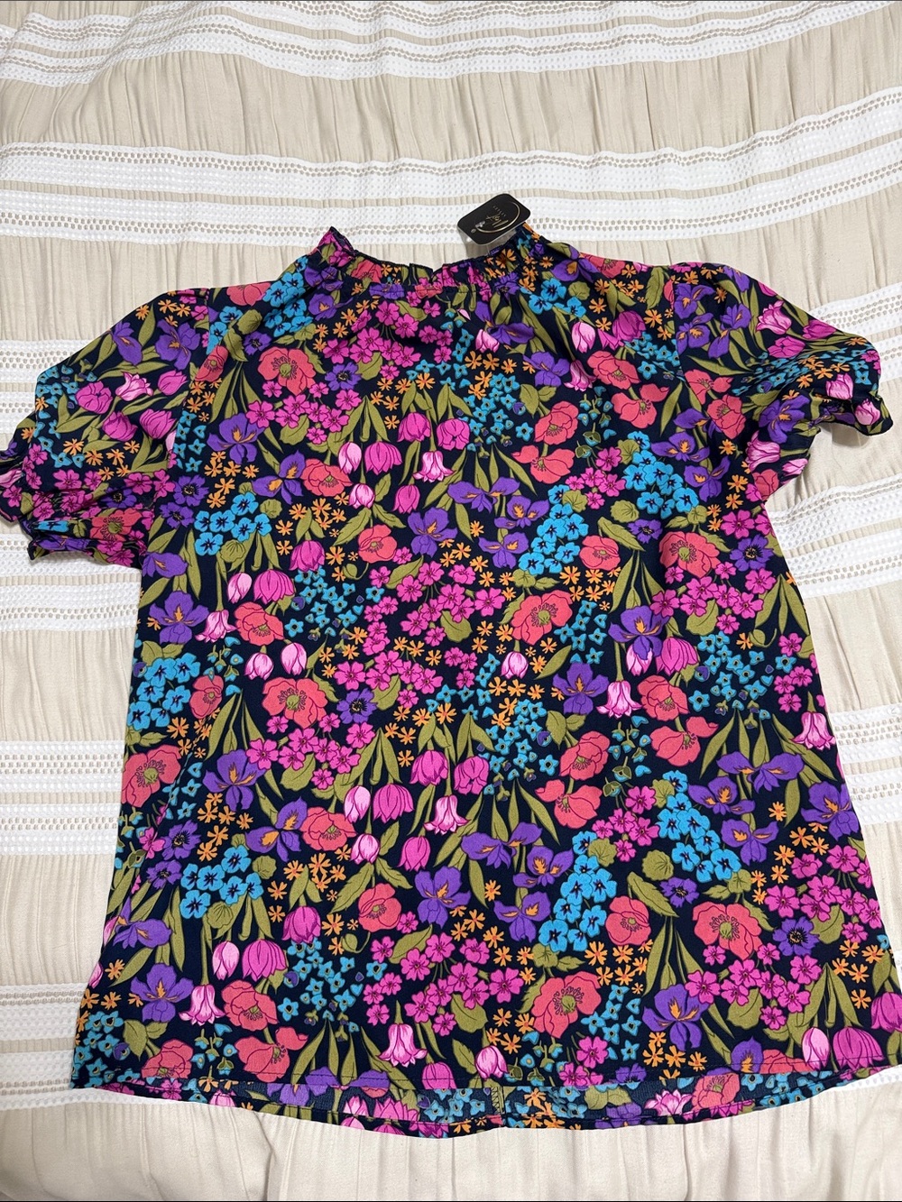 Mock Neck Short Sleeve Floral Blouse - Black Multi